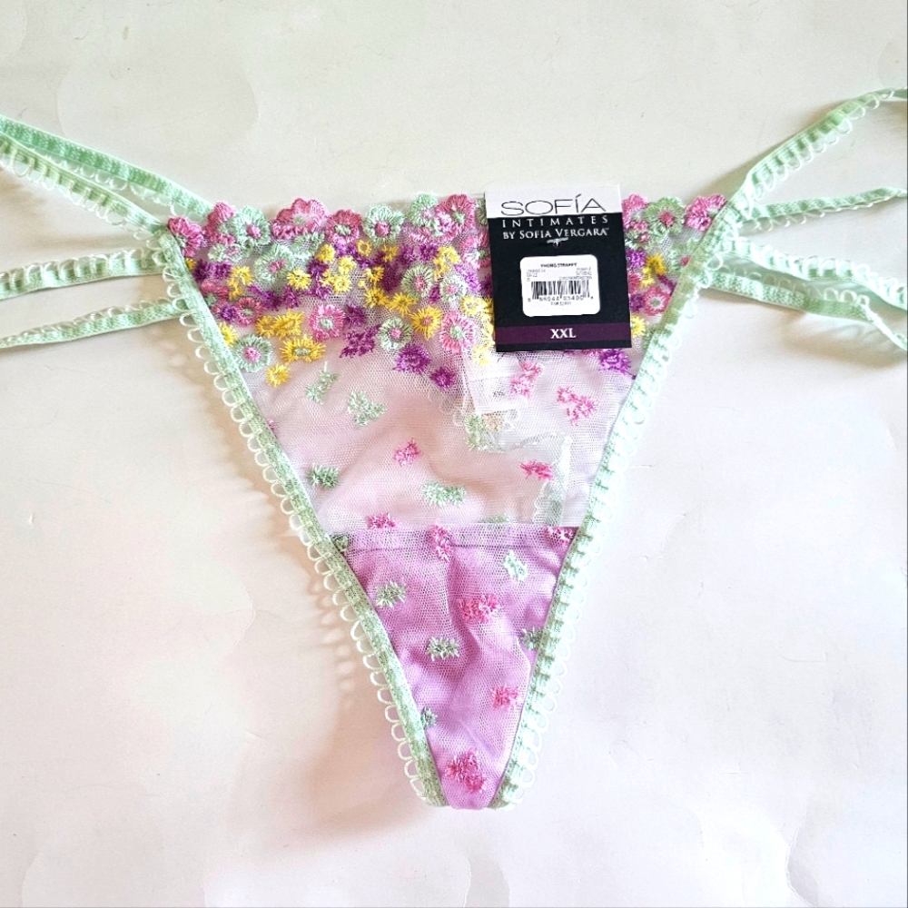 NWT NEW Sofia Vergara Strappy Embroidered Thong Panties Orchid Bloom Size XXL
